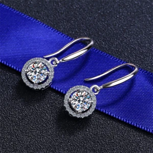 1-2Ct Round GRA VVS1 Moissanite Drop/Dangle Halo Earrings 18K White Gold Finish - Picture 1 of 13