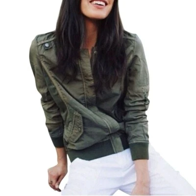 Chaqueta Bomber Anthropologie Marrakech Vista Verde Marrón Bolsillos con Cremallera Completa Talla XS Foto 1 de 4