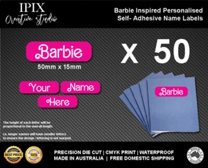 50 x Barbie Inspired Kids School Stationary Name Labels | 50mm x 15mm | Book | P - Picture 1 of 1