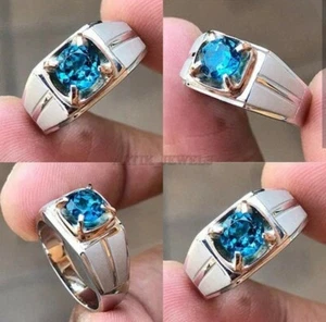 Natural Blue Topaz Gemstone with 925 Sterling Silver Ring for Men's AJ432 - Picture 1 of 3