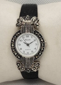 Ladies Lucida Dress Round Marcasites Silver Tone Black Leather Bracelet Watch I4 - Picture 1 of 9
