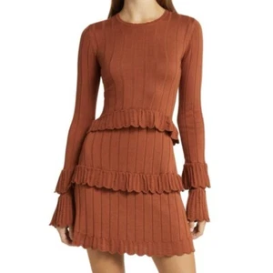 Neu mit Etikett Rachel Parcell langärmliges geripptes Pointelle camelfarbenes Midikleid mit Rüschen Größe L - Bild 1 von 8