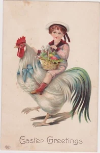 Antique 1918 EAS Embossed Child and Rooster Easter Postcard Vibrent Colors - Picture 1 of 2