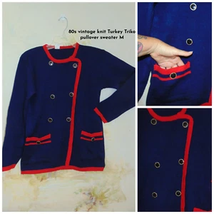 Kaymaz VTG Faux Button Cardigan Knit Sweater Blue Red Womens Pullover Sweater M - Picture 1 of 9