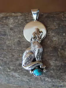 Navajo Indian Sterling Silver Hand Stamped Turquoise Wolf Pendant by Yellowhair - Picture 1 of 5