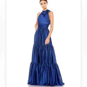Mac Duggal Women's Blue Ruffle Halter Neckline Satin Tiered Maxi Dress NWT 0 - Picture 1 of 13