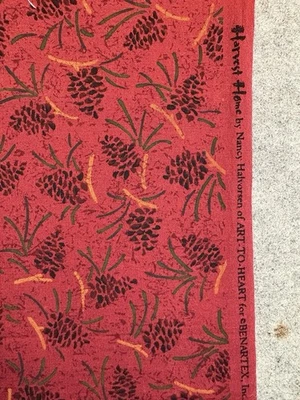 Nancy Halvorsen Pinecone on red cotton fabric Harvest Home25" x 42" - Image 1 of 3