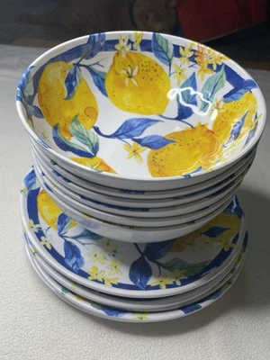 Lemon Dinnerware Set Plates & Bowls Set of 12 Melamine Lemon/blue Cottage core - Image 1 of 4