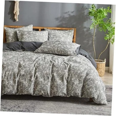  Juego de funda nórdica de mezcla de algodón de lino - Jaquard Floral Queen Floral Gris oscuro Foto 1 de 4