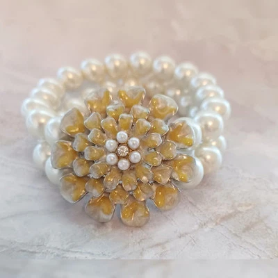 Retro Simulated White Pearl Double Strand Yellow Floral Enamel Stretch Bracelet - Image 1 of 4
