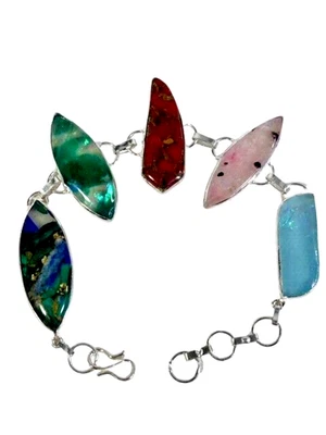 Pulsera de eslabones de piedras preciosas multicolores enchapada en plata de ley 925 hecha a mano 8-8,5" Foto 1 de 4