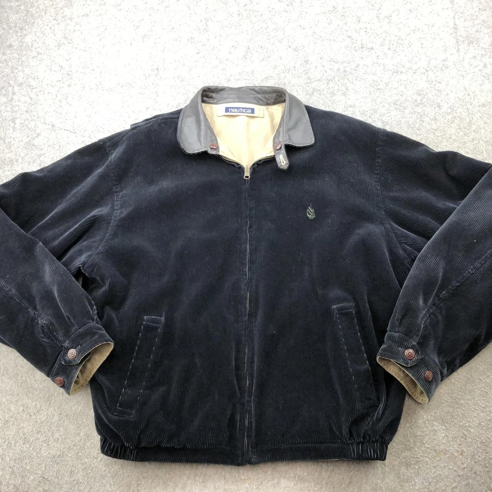 Jaqueta Náutica Masculina Vintage XL Azul Marinho Bronzeado Veludo Reversível Zíper Completo Bombardeiro Anos 90 - Imagem 1 de 4