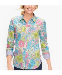 Talbots 3X Vibrant Mod Floral Cotton Button Up Shirt Contrast Cuff Blue Pink - Picture 1 of 10