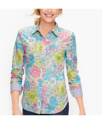 Talbots 3X Vibrant Mod Floral Cotton Button Up Shirt Contrast Cuff Blue Pink - Image 1 of 4