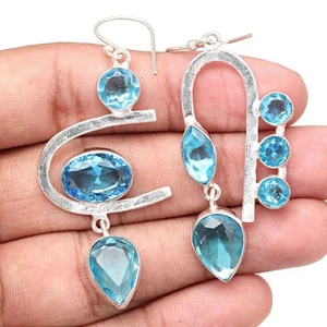 Schweizer blauer Quarz Edelstein Geschenk für sie Silber Schmuck Ohrringe 1,5 Zoll - Bild 1 von 5