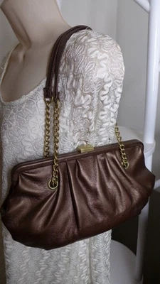 Bolso de Noche Cartera Imitación Cuero Bronce Marrón Cadena Doble Asa Bolsillos 11.5x6" Foto 1 de 4