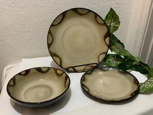 Set Pier 1 Imports 11” Stoneware Brown “Wave” Pattern Dinner Plate 8” salad bowl - Picture 1 of 8