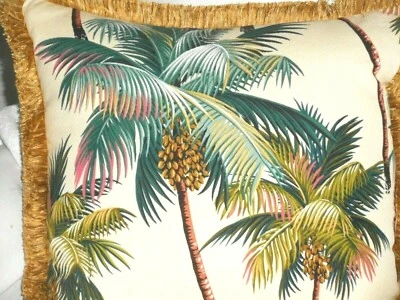 17" Hawaiian Tropical Cotton Barkcloth Fabric VINTAGE FRINGED PILLOW ~Palm Trees - Imagem 1 de 3