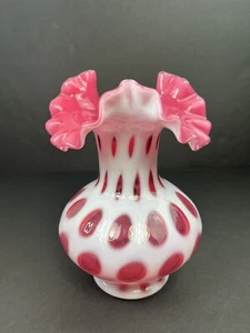Vintage FENTON Coin Dot Cranberry Opalescent Glass 6.75" VASE Crimped Top - Picture 1 of 8
