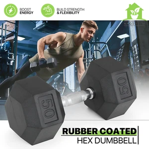 50LB Coated Rubber Hex Dumbbell Cast Iron Fitness Hand Weight Strength Training - Picture 1 of 10