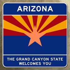 Arizona state line highway marker road sign sun rays star blue copper 1989 16x16