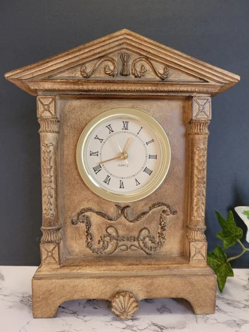 Roman Style Quartz Clock Desk Mantel Shelf Heavy Resin w/ Romanesque Columns Cover