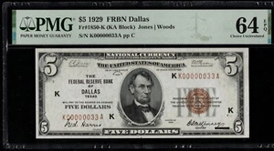 1929 $5 FRBN K00000033A P.M.G #64EPQ - Picture 1 of 3