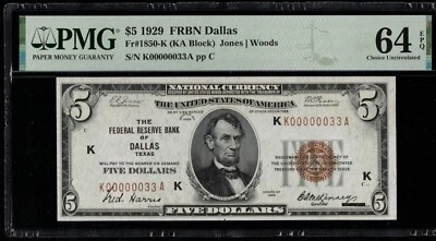 1929 $5 FRBN K00000033A P.M.G #64EPQ - Image 1 of 3