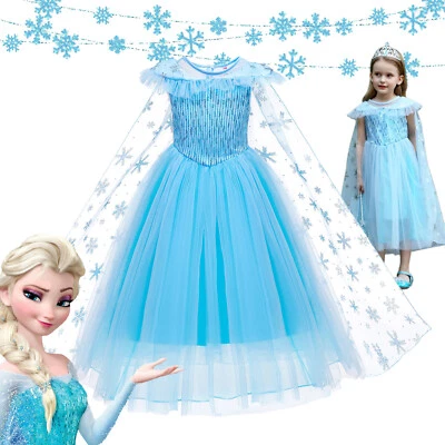 Girls Elsa Costume Frozen Princess Dress with Lace Cape Fancy Dress PartyCosplay - Image 1 of 4