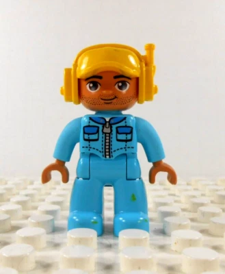 Lego Duplo Figure Helicopter Pilot yellow helmet teal jumpsuit - Image 1 of 3