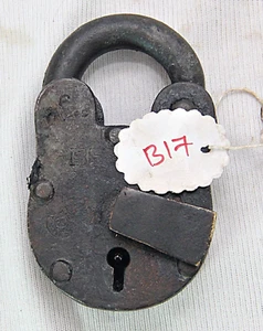 Vintage Solid Iron Padlock with Brass Tag: A Collectible Antique Lock & Key B17 - Picture 1 of 24