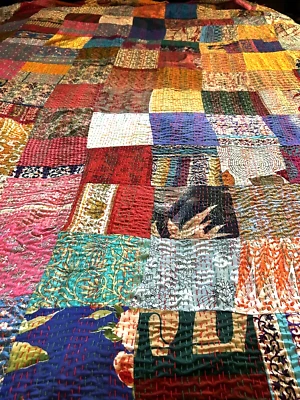 Boho Handmade Indian Silk Kantha Patchwork Quilt Bengali Embroidery 106" x 172" - Image 1 of 4