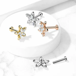 Marquise CZ Flower Internal Threaded Flat Back Lip Tragus Cartilage Piercing 16G - Picture 1 of 9