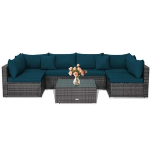 Set of 7 Rattan Furniture Set Sectional Sofa Cushioned Patio Peacock Blue - Picture 1 of 6