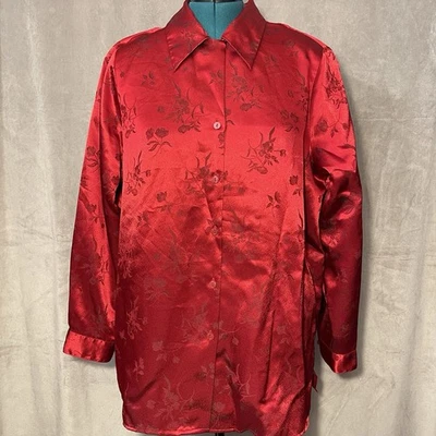 Liz Baker 红色缎面衬衫衬衫玫瑰印花假日冬季女式大码 1X — 第 1/4 张图片