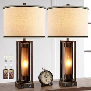 Rustic Table Lamps for Living Room Set of 2 with USB C+A Ports Farmhouse Vintage - Picture 1 of 6