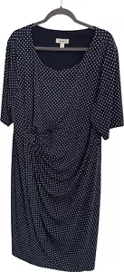 Dressbarn Women's Dress Size 22 Navy Blue Polka Dot Short Sleeve Ruched - Picture 1 of 12