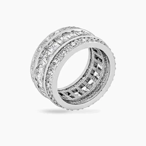 Triple Row White Zircon Wide Cigar Band Eternity Ring - Picture 1 of 2