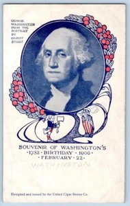 1906 UNITED CIGAR STORES CO GEORGE WASHINGTON RECUERDO DE CUMPLEAÑOS POSTAL GRUESA - Imagen 1 de 2