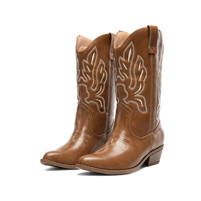 Women's Classic Boots Mid Calf Cowgirl Boots Embroidery Stitched Western Boots - Image 1 of 4