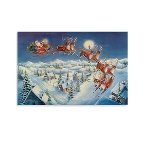Santa,Sleigh & Reindeer Merry Christmas Canvas Art Wall Painting Poster Print - Picture 1 of 12