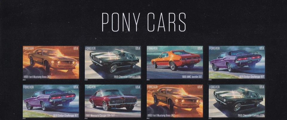 US 5715a-5719a 5719c Pony Cars imperf NDC header block 8 MNH 2022 - Image 1 of 1