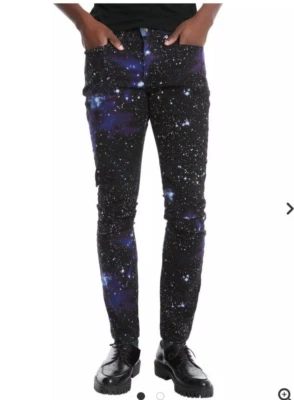 Pantalones de mezclilla ajustados unisex Hot Topic XXX RUDE negros púrpura azules Galaxy Stars (28 x 32) Foto 1 de 4