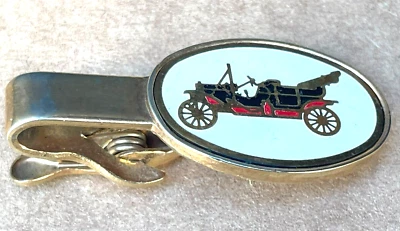 Vintage Gold Tone Antique Car Carriage, White Enamel Tie Clip - Image 1 of 4