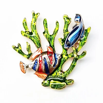 Broche Algas Verdes Coral Naranja Azul Peces Tropicales Playa Náutica Precioso Prendedor Foto 1 de 3