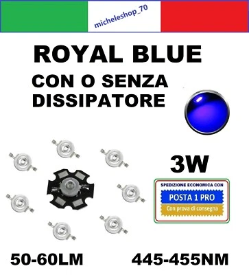 chip led 3W alta luminosità royal blue 445-455NM con o senza dissipatore - Immagine 1 di 2