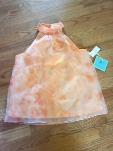 Cece Small Sleeveless High Neck Rosette Orange Peach Lined A Line Top Cottage - Picture 1 of 9