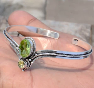 Faceted Peridot, Citrine Topaz Gemstone Bangle 925 Sterling Silver Bracelet Cuff - Picture 1 of 8