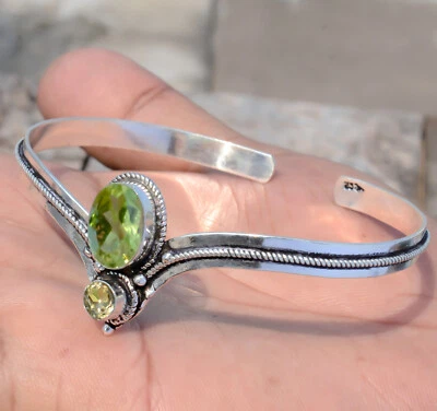 Faceted Peridot, Citrine Topaz Gemstone Bangle 925 Sterling Silver Bracelet Cuff - Image 1 of 4