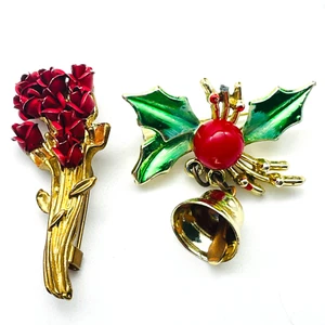 Gold Tone Brooch Lot of 2 Red Rose Bouquet and Holly Branch Bell - Picture 1 of 8